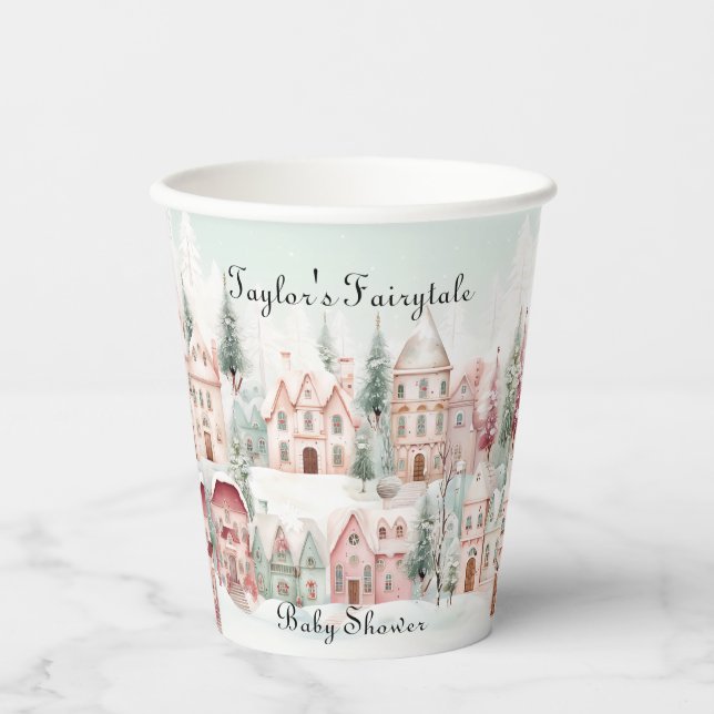 Mint Pink Watercolor Winter Fairytale Baby Shower Paper Cups (Front)
