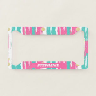 Mint, Pink, White & Gold Abstract Brushstrokes License Plate Frame