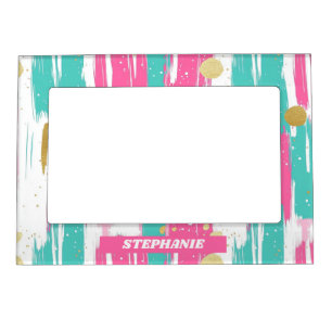 Mint, Pink, White & Gold Abstract Brushstrokes  Magnetic Frame