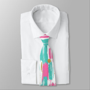 Mint, Pink, White & Gold Abstract Brushstrokes Neck Tie