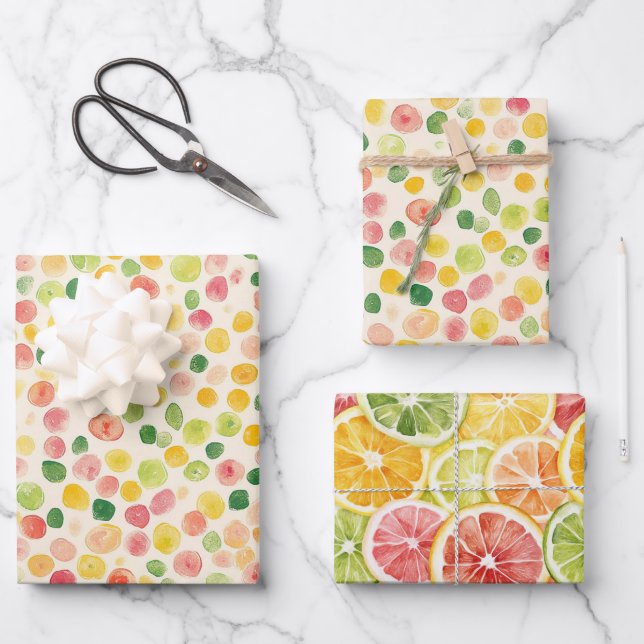 Mint Pink Yellow Green Fruity Dots Birthday Wrapping Paper Sheets (Front)