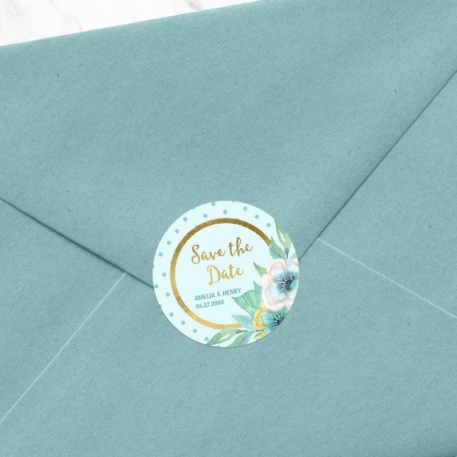 Mint Polka Dot Faux Gold Floral Save the Date Classic Round Sticker (Creator Uploaded)