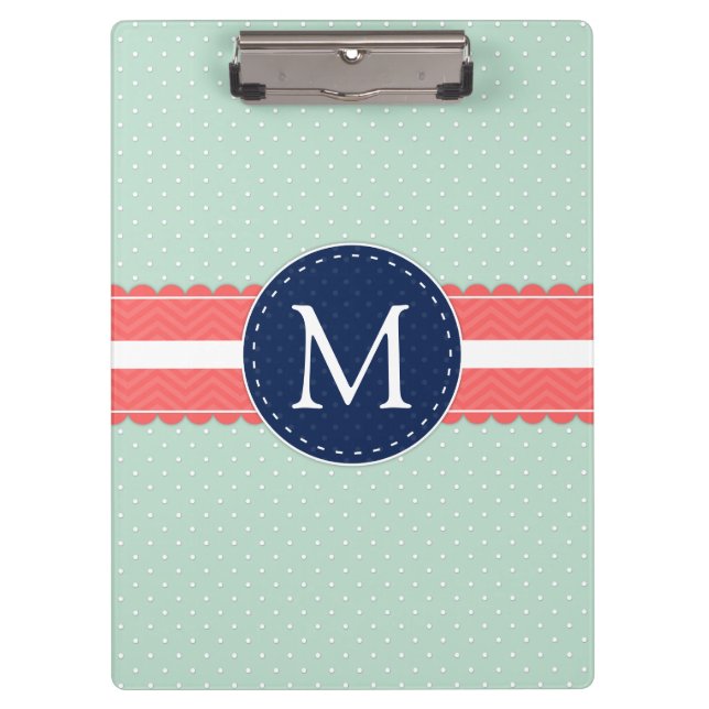 Mint Polka Dot Pattern Coral Navy Blue Monogram Clipboard (Front)