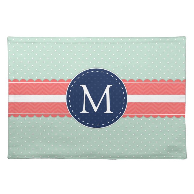Mint Polka Dot Pattern Coral Navy Blue Monogram Cloth Placemat (Front)