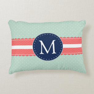 Mint Polka Dot Pattern Coral Navy Blue Monogram Decorative Pillow
