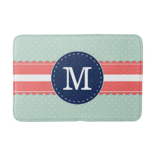 Mint Polka Dot Pattern Coral Navy Blue Monogram Pi Bath Mat