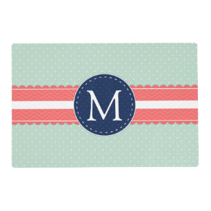 Mint Polka Dot Pattern Coral Navy Blue Monogram Placemat