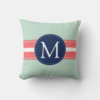Mint Polka Dot Pattern Coral Navy Blue Monogram Throw Pillow by VintageDesignsShop at Zazzle