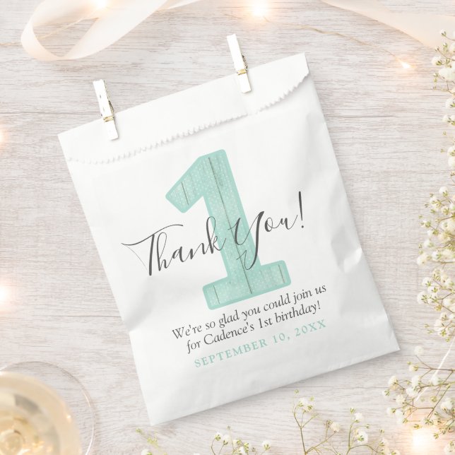 Mint Polka Dot Wood Thank You 1st Birthday Custom Favor Bag (Clipped)
