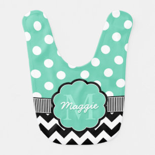 Mint Polka Dots Black Chevron Monogram Bib