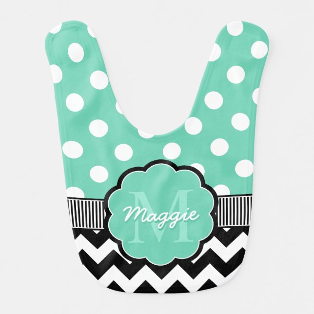 Mint Polka Dots Black Chevron Monogram Bib (Front)