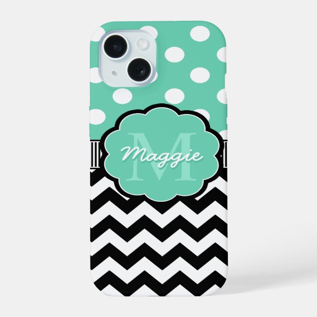 Mint Polka Dots Black Chevron Monogram Iphone Case (Back)