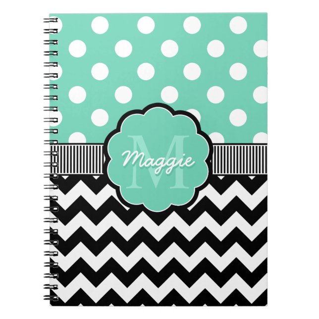 Mint Polka Dots Black Chevron Monogram Notebook (Front)