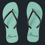 Mint polka dots pattern wedding groom flip flops<br><div class="desc">Mint green polka dots pattern name monogram wedding flip flops. Custom strap color for him and her / men and women. Custom background color and personalized name initials. Modern trendy polkadotted design sandals. Cute party favor for beach theme wedding, marriage, bridal shower, engagement, anniversary, birthday, bbq, bachelorette, girls weekend trip...</div>