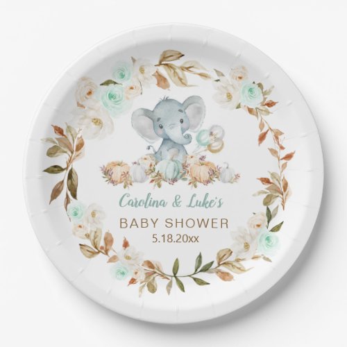 Mint Pumpkin Elephant Baby Shower Party Paper Plat Paper Plates