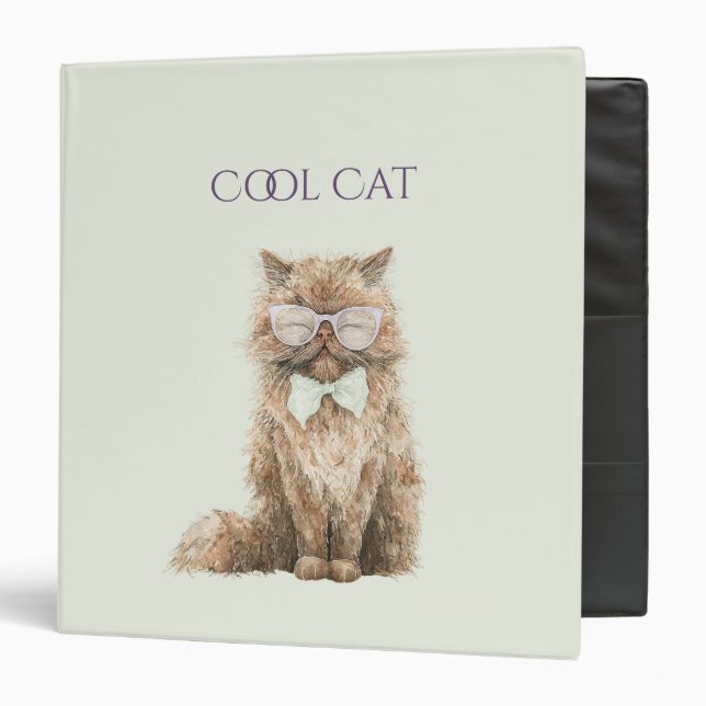 Mint Purple Brown Cool Cat Glasses   3 Ring Binder (Front/Inside)