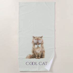Mint Purple Brown Cool Cat Glasses Beach Towel