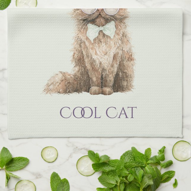 Mint Purple Brown Cool Cat Glasses   Kitchen Towel (Folded)