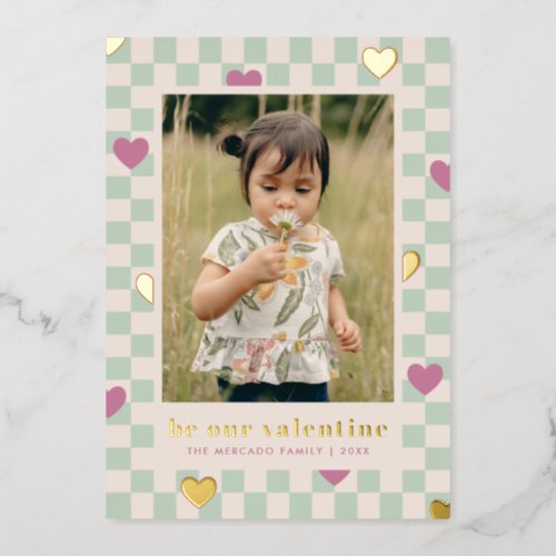 Mint Purple Checkerboard Hearts Valentine Card