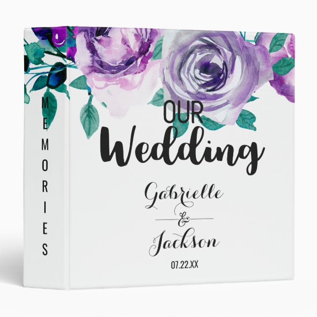 Mint & Purple Floral Rose Wedding Photo Album 3 Ring Binder (Front/Spine)