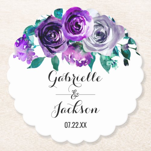 Mint  Purple Floral Watercolor Wedding Monogram Paper Coaster