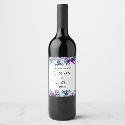 Mint  Purple Floral Watercolor Wedding Monogram Wine Label