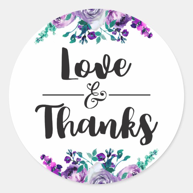 Mint & Purple Floral Wedding Love & Thanks Favor Classic Round Sticker (Front)
