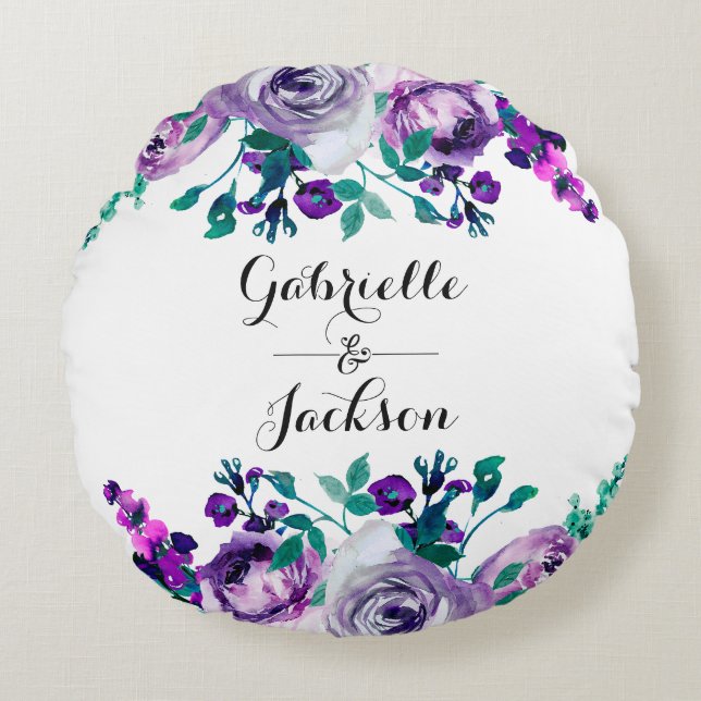 Mint & Purple Floral Wedding Ring Bearer Round Pillow (Front)
