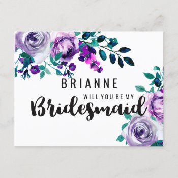 Mint & Purple Floral Will You Be My Bridesmaid Invitation