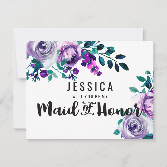 Mint & Purple Floral Will You Be My Maid of Honor Invitation (Front)
