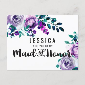 Mint & Purple Floral Will You Be My Maid of Honor Invitation
