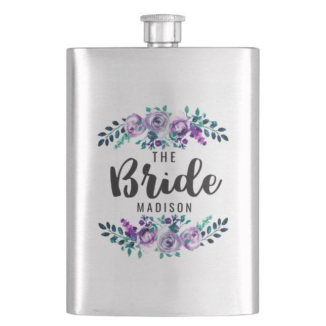 Mint & Purple Floral Wreath Wedding Bride Flask (Front)