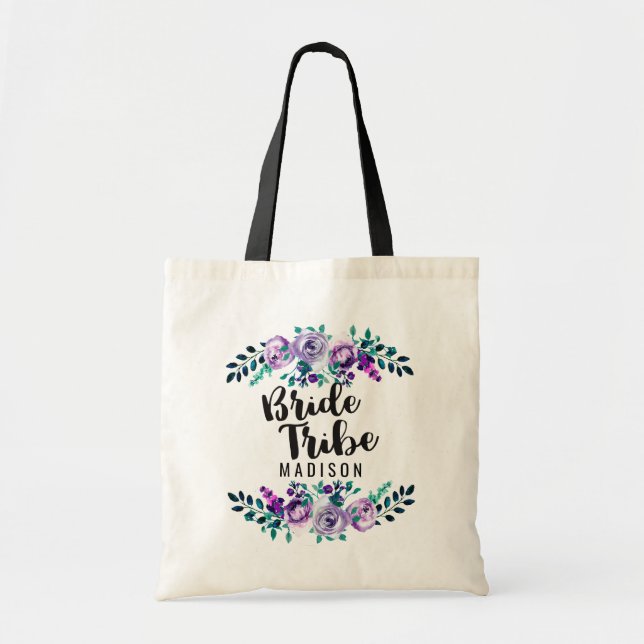 Mint & Purple Floral Wreath Wedding Bride Tribe Tote Bag (Front)