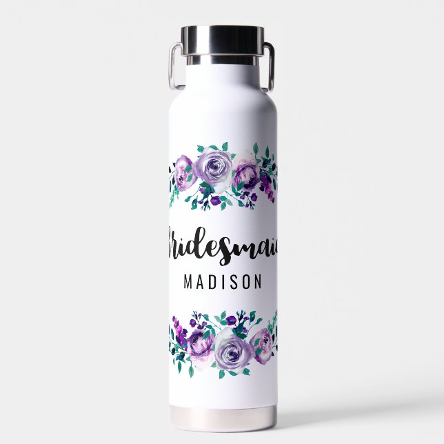 Mint & Purple Floral Wreath Wedding Bridesmaid Water Bottle (Front)