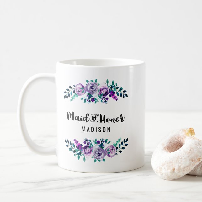 Mint & Purple Floral Wreath Wedding Maid of Honor Coffee Mug (With Donut)