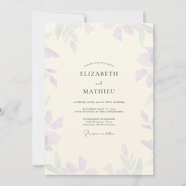 Mint Purple Leafy Wedding Invitation (Front)