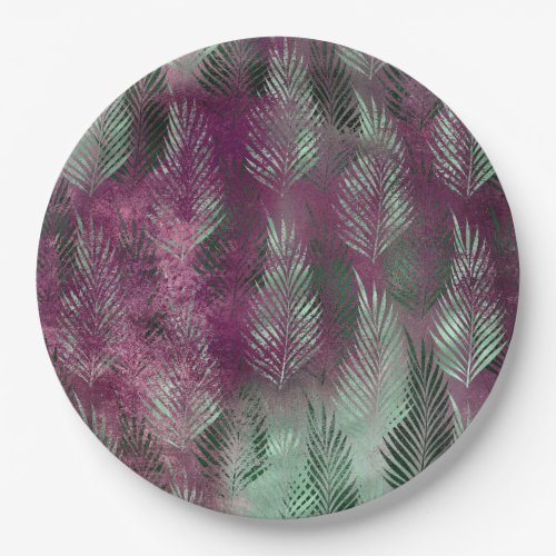 Mint Purple Tropical Leaves Abstract Paper Plates