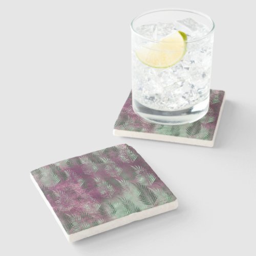 Mint Purple Tropical Leaves Abstract Stone Coaster