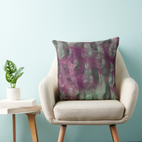 Mint Purple Tropical Leaves Abstract Throw Pillow