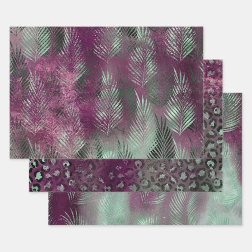 Mint Purple Tropical Leaves Abstract Wrapping Paper Sheets