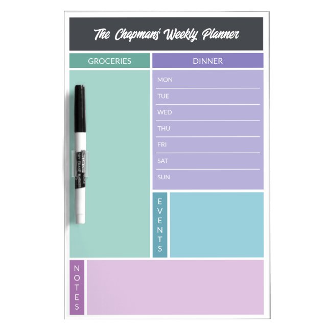 Mint Purple Turquoise Family Weekly Planning Dry Erase Board (Front)