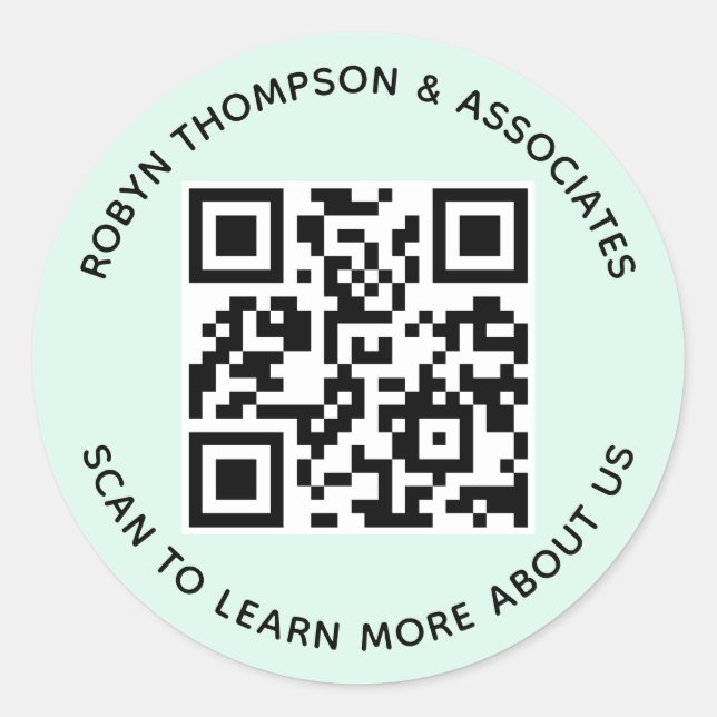Mint QR Code Stickers Custom Business Name Round (Front)