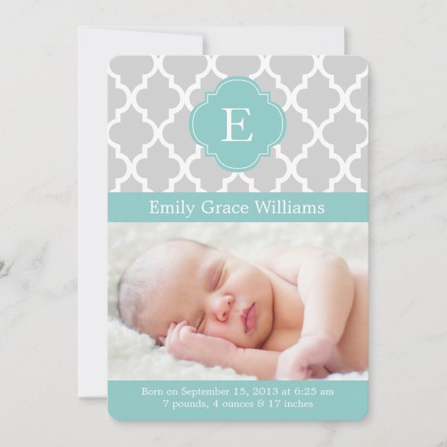 Mint Quatrefoil Monogram Birth Announcements (Front)