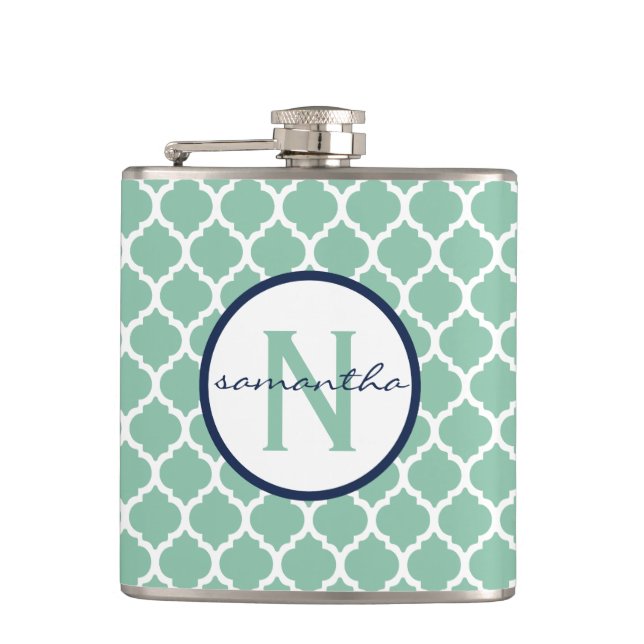 Mint Quatrefoil Monogram Hip Flask (Front)