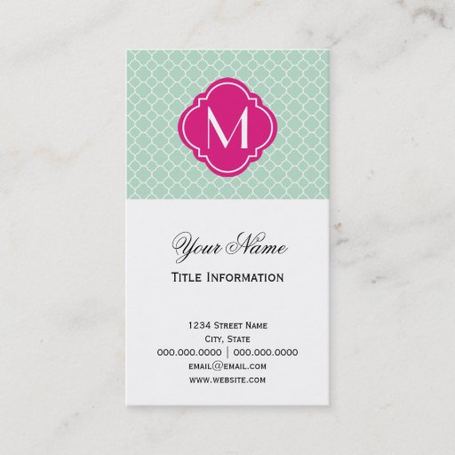 Customizable Mint Quatrefoil Pattern with Monogram Business Card