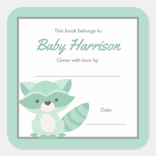 Mint Raccoon Baby Shower Bookplate neutral Square Sticker