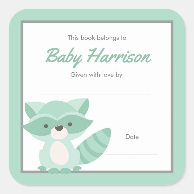 Mint Raccoon Baby Shower Bookplate, neutral Square Sticker (Front)