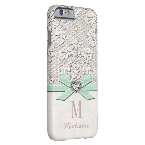 Mint Rhinestone Look Printed Lace and Bow Heart Barely There iPhone 6 Case