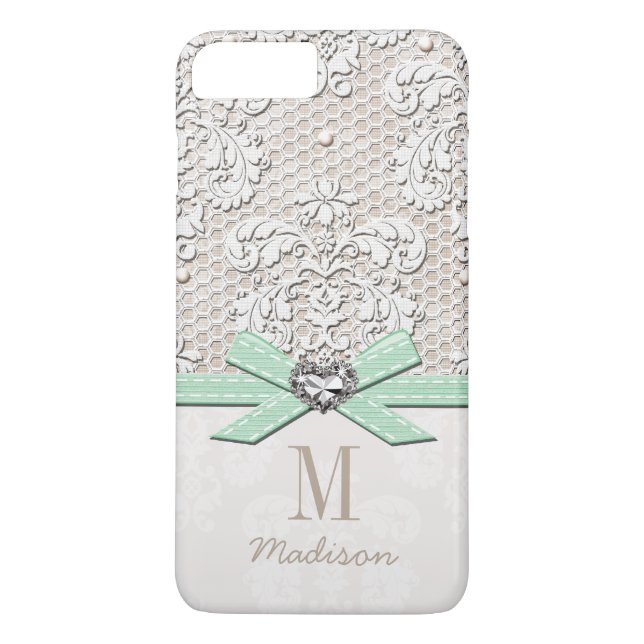 Mint Rhinestone Look Printed Lace and Bow Heart Case-Mate iPhone Case (Back)