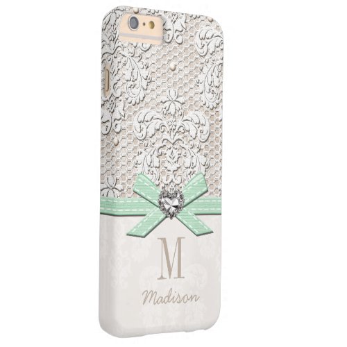 Mint Rhinestone Look Printed Lace and Bow Heart Barely There iPhone 6 Plus Case